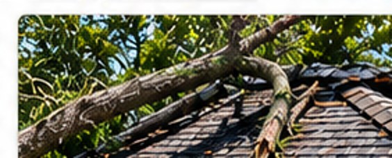 Storm-damaged roof with fallen tree branch